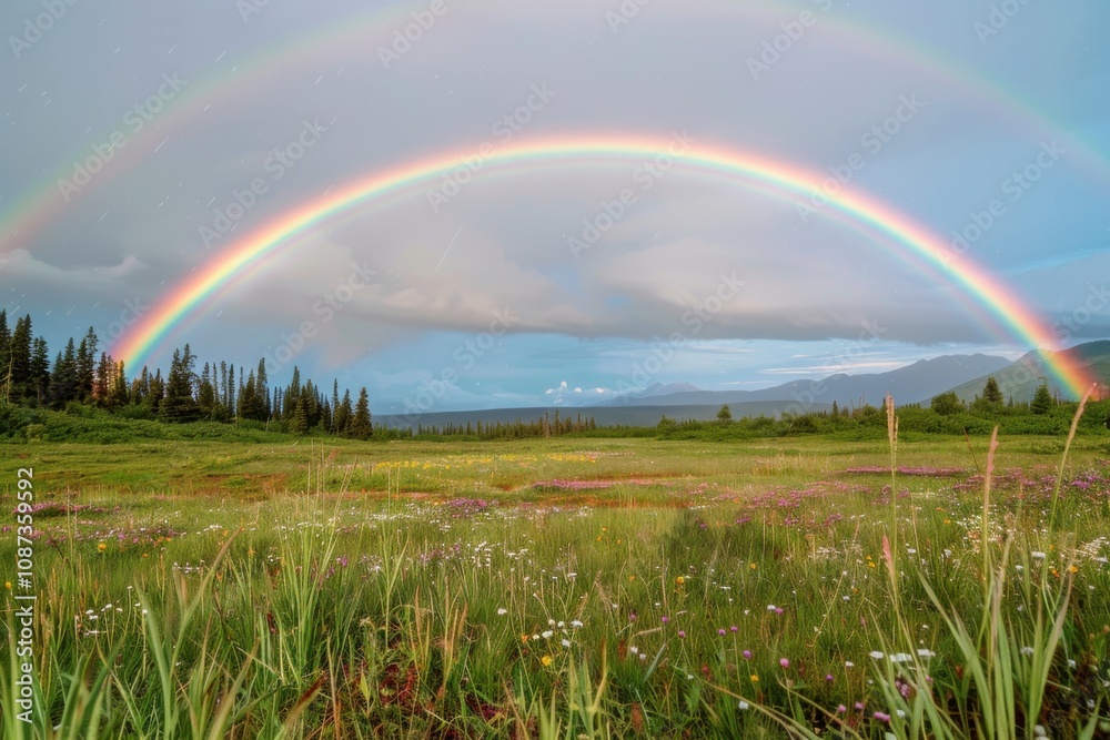 Double Rainbow Arcs Over Lush Meadow with Wildflowers Beautifully Double Rainbow Arcs Over Lush Meadow with Wildflowers Beautifully