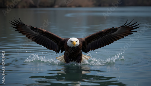 Bald eagle landing on water, dynamic action shot, powerful wings, nature scene, copy space photo