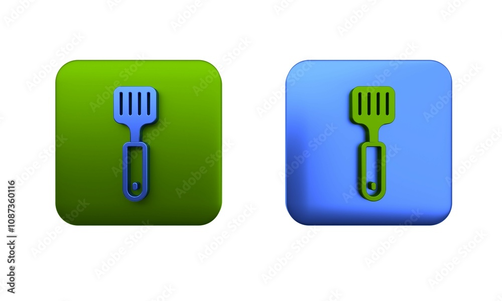 Colorful Spatula icon isolated on white background. Kitchen spatula icon. BBQ spatula sign. Barbecue and grill tool. Square button. 3D render illustration Colorful Spatula icon isolated on white background. Kitchen spatula icon. BBQ spatula sign. Barbecue and grill tool. Square button. 3D render illustration