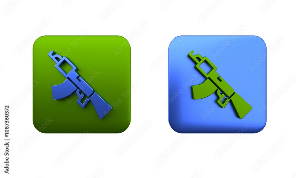 Colorful Submachine gun icon isolated on white background. Kalashnikov or AK47. Square button. 3D render illustration Colorful Submachine gun icon isolated on white background. Kalashnikov or AK47. Square button. 3D render illustration