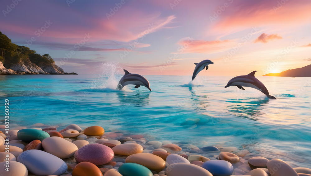 Playful Dolphins in Sunset Glow Playful Dolphins in Sunset Glow