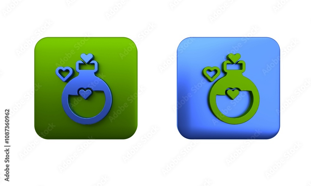 Colorful Bottle with love potion icon isolated on white background. Happy Valentines day. Square button. 3D render illustration Colorful Bottle with love potion icon isolated on white background. Happy Valentines day. Square button. 3D render illustration
