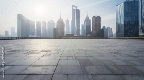 Empty square floor with city skyline background, Cityscape with a cinematic allure, cinematic lighting and composition transforming the urban panorama into a movie scene