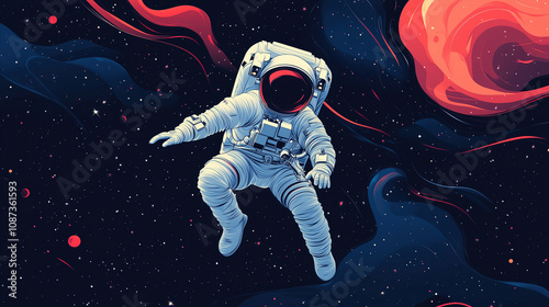 An astronaut floats in the vastness of space surrounded by colorful cosmic clouds and stars. Generative AI