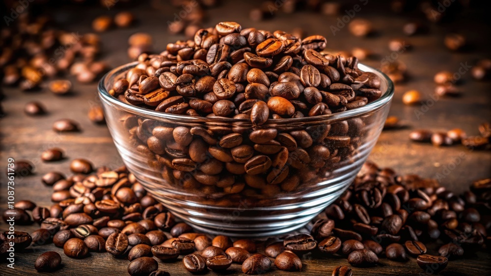 Fototapeta premium A glass bowl filled with roasted coffee beans, surrounded by scattered beans on a rustic wooden surface.