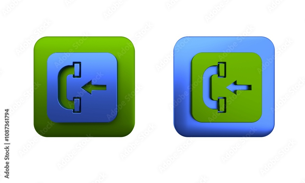 Colorful Incoming call phone icon isolated on white background. Phone sign. Telephone handset. Square button. 3D render illustration Colorful Incoming call phone icon isolated on white background. Phone sign. Telephone handset. Square button. 3D render illustration