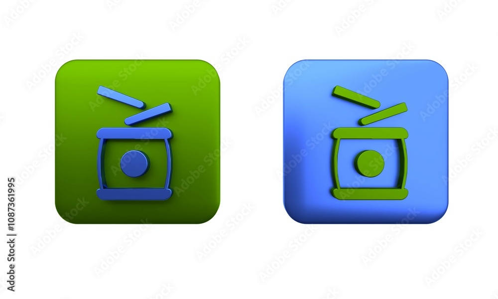 Colorful Chinese drum icon isolated on white background. Traditional asian percussion instrument Taiko or O-Daiko drum. Square button. 3D render illustration Colorful Chinese drum icon isolated on white background. Traditional asian percussion instrument Taiko or O-Daiko drum. Square button. 3D render illustration
