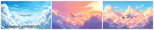 airplane in flight background. white boeing flies in clouds, aviation jet sky airline air travel vector illustration