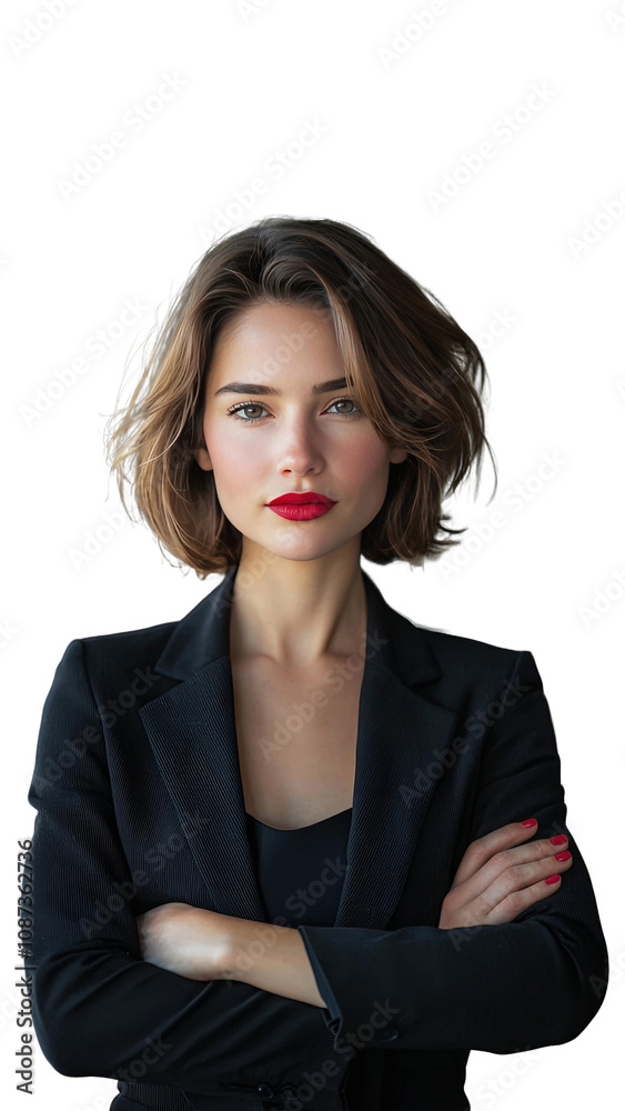 Portrait of a confident young woman with red lipstick, wearing a black blazer. Portrait of a confident young woman with red lipstick, wearing a black blazer.