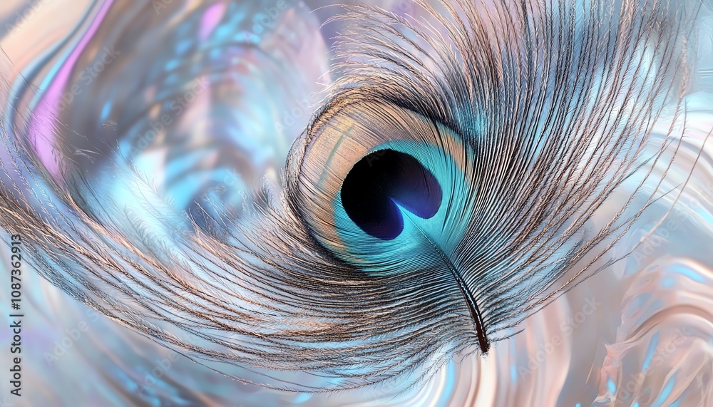 Obraz premium Close-up of a vibrant peacock feather, showcasing intricate details and iridescent colors. A mesmerizing display of nature's artistry.