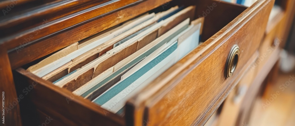 A wooden drawer filled with neatly organized file folders. A wooden drawer filled with neatly organized file folders.