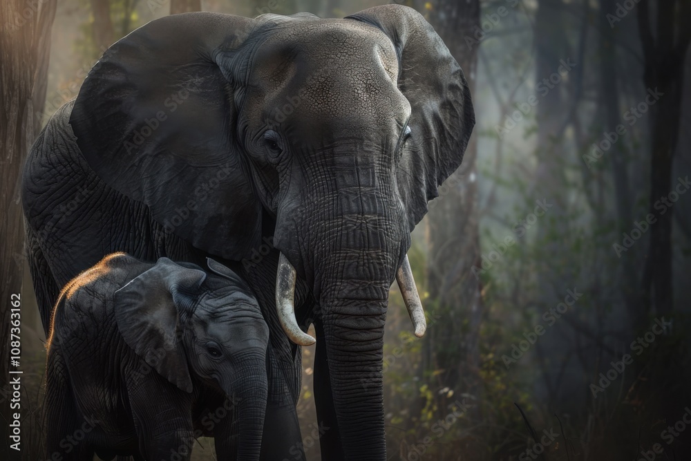 Elephant Calf and Mother Protect Each Other in a Misty Forest Elephant Calf and Mother Protect Each Other in a Misty Forest