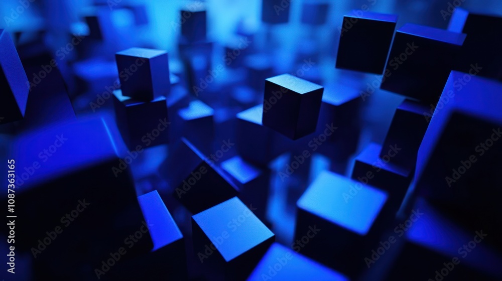 Abstract blue cubes create a dynamic, three-dimensional digital landscape. Abstract blue cubes create a dynamic, three-dimensional digital landscape.