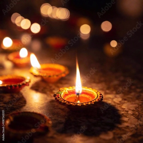 A close-up photo of a row of glowing diyas captured at eye level. The rack focus emphasizes the first diya, with the light from the others gradually blurring into a soft, warm bokeh, highlighting the  photo