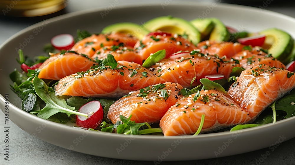 Aromatic Salmon Salad with Fresh Avocado and Radishes - A Healthy and Delicious Dish Aromatic Salmon Salad with Fresh Avocado and Radishes - A Healthy and Delicious Dish