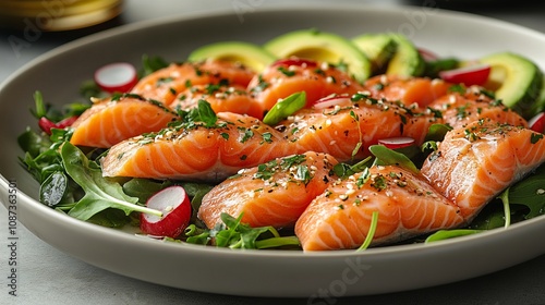 Aromatic Salmon Salad with Fresh Avocado and Radishes - A Healthy and Delicious Dish