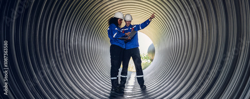 Industry Engineers Walking Inside Circular water Pipe. Engineering or Worker inspection pipe circular. Checking Construction of the water, Oil Natural Gas and fuels Transport Pipeline.