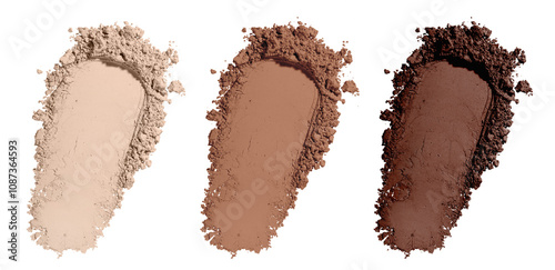 Set swatch texture of brown and beige loose powder for face makeup on an isolated white background. For light, medium and dark skinned women. Eye shadow or sculptor or bronzer
