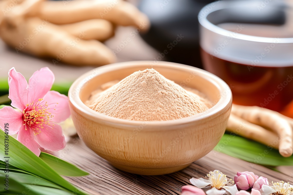 Aromatic ginger powder in a wooden bowl, surrounded by vibrant flowers and herbal tea, showcasing natural wellness and culinary delights. Aromatic ginger powder in a wooden bowl, surrounded by vibrant flowers and herbal tea, showcasing natural wellness and culinary delights.
