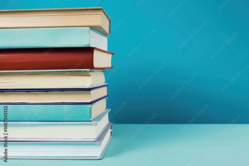 Stack of Books Sits on Blue Table with Copy Space for Text or Graphic Stack of Books Sits on Blue Table with Copy Space for Text or Graphic