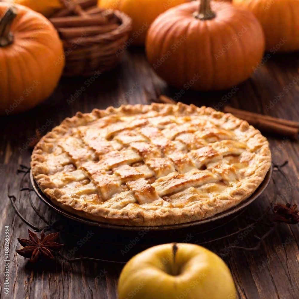 traditional apple pie, with the lattice crust in sharp focus and the cinnamon-dusted apples just out of focus, evoking the warmth and aroma of Thanksgiving baking. Pumpkins on background, Thanksgiving traditional apple pie, with the lattice crust in sharp focus and the cinnamon-dusted apples just out of focus, evoking the warmth and aroma of Thanksgiving baking. Pumpkins on background, Thanksgiving