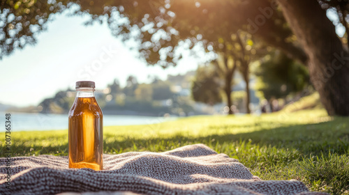 A ready-to-drink tea bottle placed on a picnic blanket with a scenic park in the background