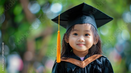 Adorable Thai toddler with a graduation hat and gown celebrating her first graduation ceremony