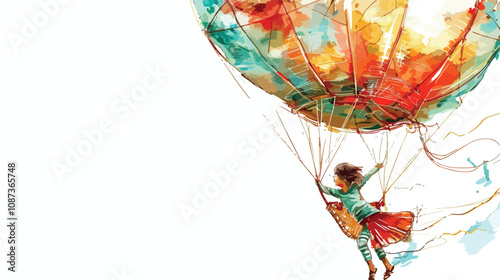 Child Flying on Aerostat - Handdrawn Vector Illustration