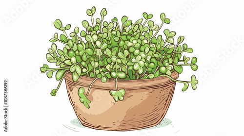 Handdrawn Vector Illustration of Chia Microgreen Grown in Pot