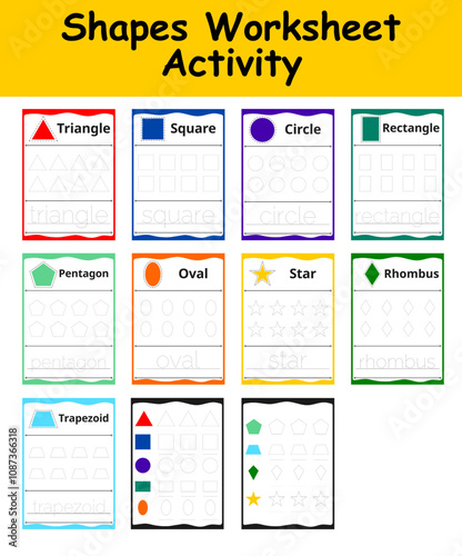 set of trace the geometric shapes around the contour. learning for children, drawing tasks,woorksheet activity,printable template