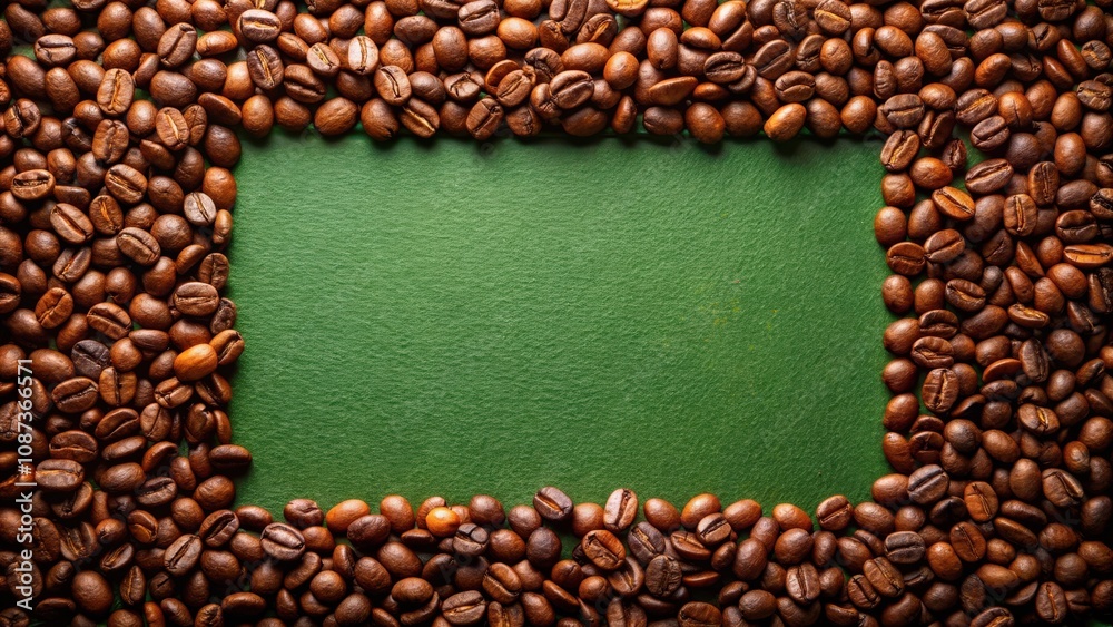 A square frame composed of roasted coffee beans against a green background, providing a vibrant backdrop for any message. A square frame composed of roasted coffee beans against a green background, providing a vibrant backdrop for any message.
