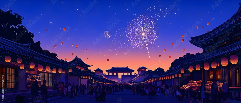 Obraz premium Night Festival Fireworks: A breathtaking digital painting of a vibrant night festival, filled with fireworks, sky lanterns, and a majestic castle silhouetted against the starlit sky.