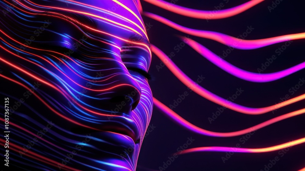 Fototapeta premium A stylized face illuminated by vibrant, flowing light patterns, creating an ethereal effect.