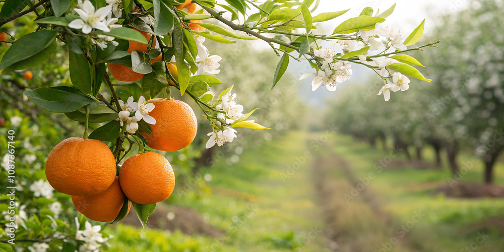 An orchard scene featuring ripe oranges hanging from a branch, surrounded by delicate blossoms and green leaves. An orchard scene featuring ripe oranges hanging from a branch, surrounded by delicate blossoms and green leaves.