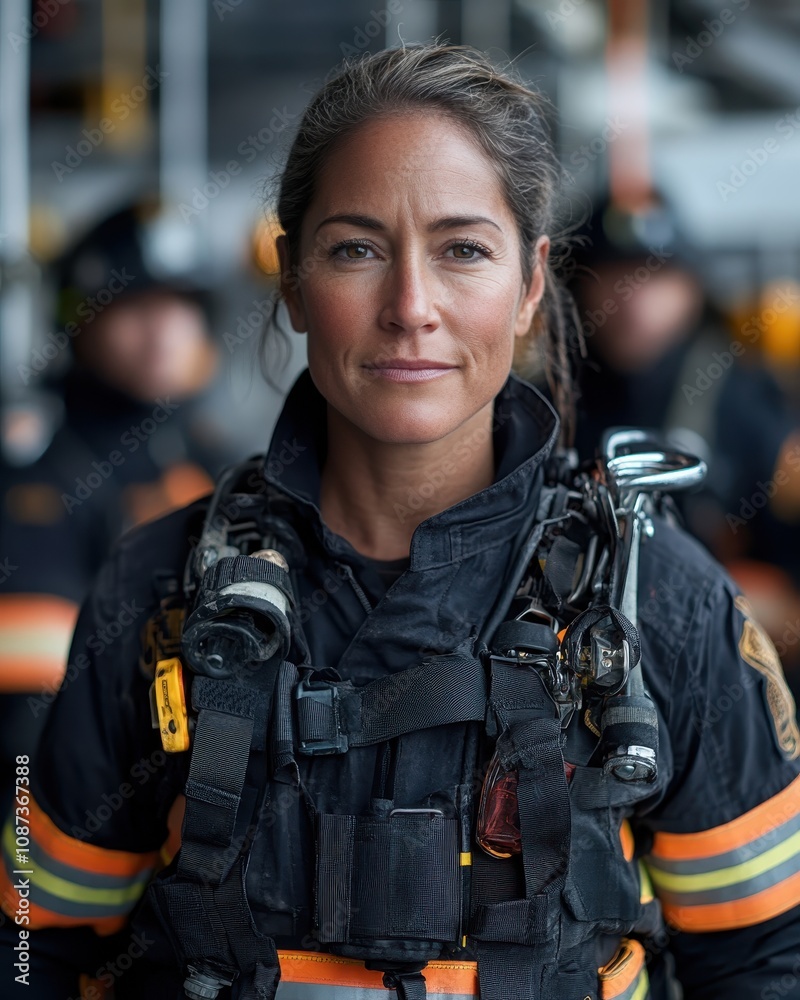 Fototapeta premium Empowering Female Firefighter Leading a Team in Action, Breaking Stereotypes and Inspiring Future Generations with Dedication and Courage in the Fire Service