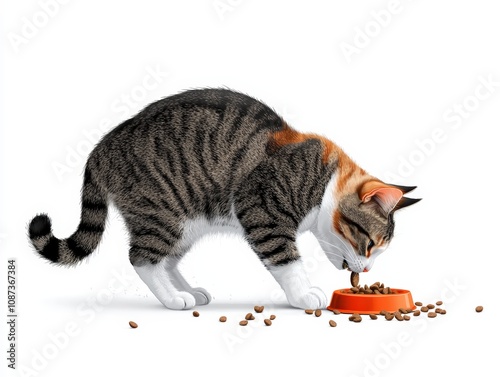 A playful cat enjoys its meal, showcasing vibrant fur and a curious nature while feeding from an orange bowl. photo