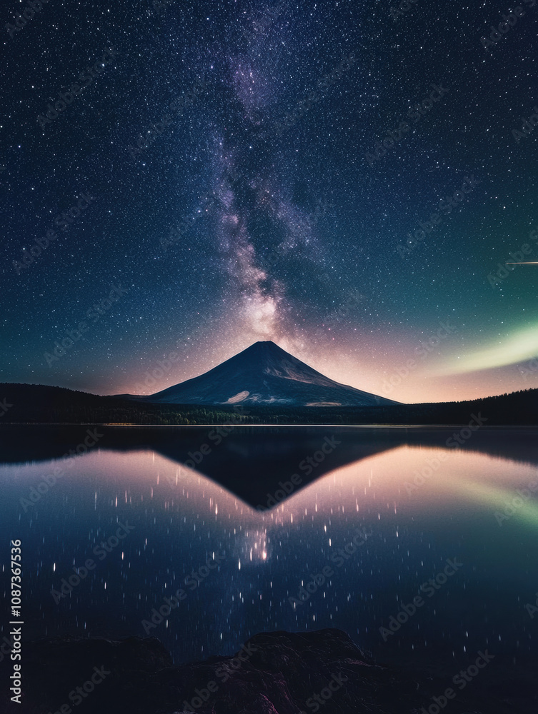 Fototapeta premium A glowing Milky Way arcs above a serene mountain lake, reflecting celestial brilliance and the tranquillity of nature.