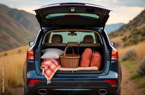 An open car trunk packed for a romantic trip, parked in a scenic location photo