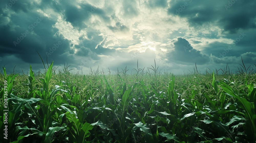 Fototapeta premium Dramatic cloudy sky over lush cornfield rural landscape nature photography sunset wide angle agricultural serenity