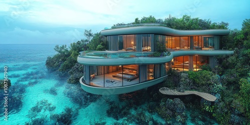 Fototapeta Naklejka Na Ścianę i Meble -  Luxurious oceanfront villa with infinity pool, nestled on a cliff overlooking vibrant coral reefs.