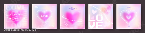 Happy Valentine's Day card, banner, poster, cover set in trendy y2k aesthetic. Modern design template with gradient in pale pink yellow, purple vibrant colors and typography