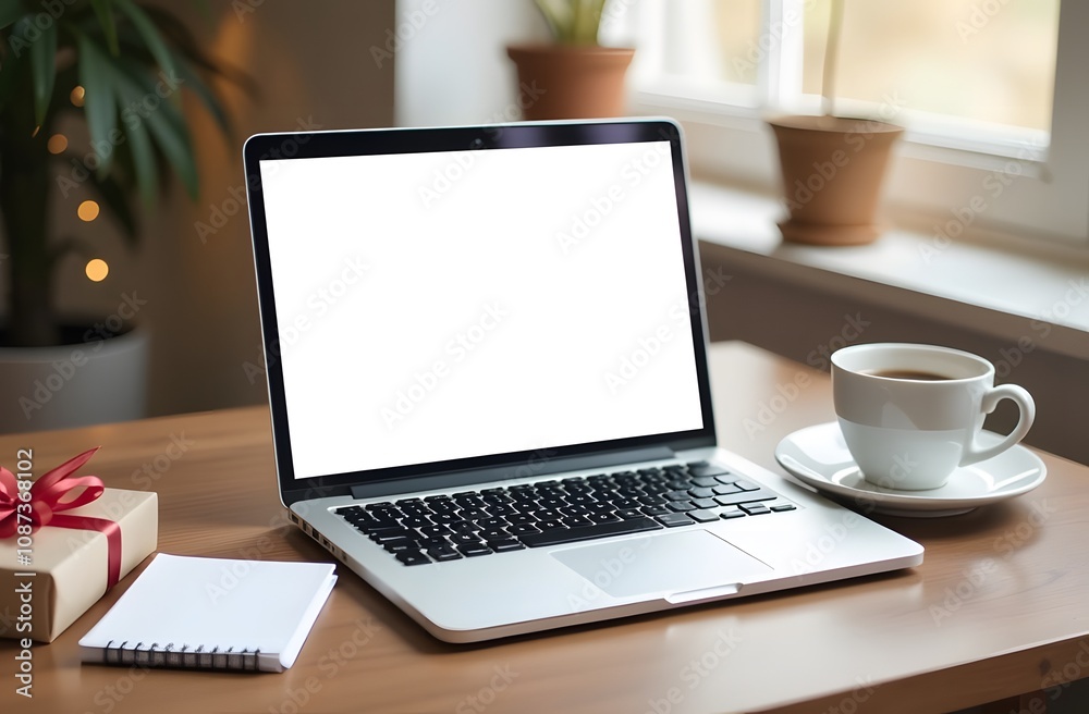 Laptop with blank screen on table with coffee, gift box, notepad and home flowers Laptop with blank screen on table with coffee, gift box, notepad and home flowers