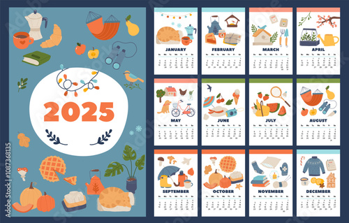 New year monthly calendar template with cute cozy hand drawn seasonal elements and attributes
