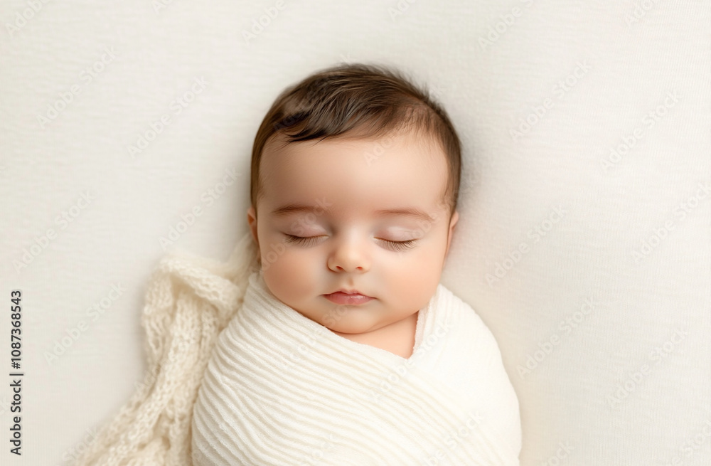 A newborn Middle Eastern baby swaddled in a white blanket, sleeping peacefully on a white studio setup A newborn Middle Eastern baby swaddled in a white blanket, sleeping peacefully on a white studio setup