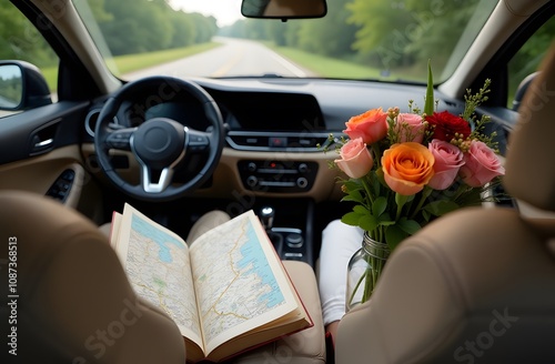 Front seat of a car with a travel book, bouquet of flowers, and a map on the dashboard, set up for a romantic road trip  photo