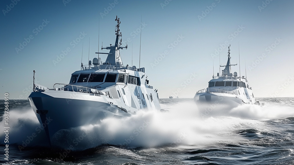 Naklejka premium Naval patrol boats cruising through the open sea, maintaining security and vigilance in international waters, symbolizing maritime defense and global cooperation.