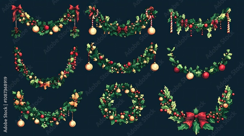 A collection of graphic elements featuring various Christmas garlands in different styles, perfect for holiday-themed designs. A collection of graphic elements featuring various Christmas garlands in different styles, perfect for holiday-themed designs.
