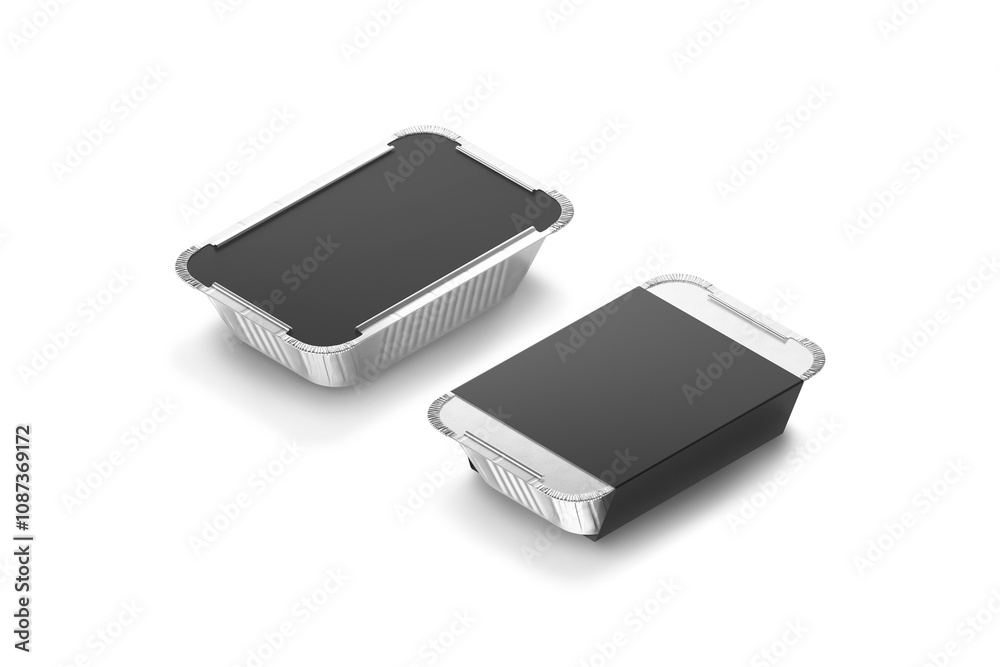 Blank aluminium foil container with black paper label mockup, isolated Blank aluminium foil container with black paper label mockup, isolated