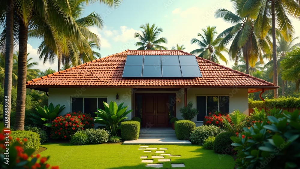 Modern house equipped with solar panels on the roof, surrounded by lush greenery and tropical palm trees. Ideal for renewable energy, eco-friendly living, and sustainable architecture themes. Modern house equipped with solar panels on the roof, surrounded by lush greenery and tropical palm trees. Ideal for renewable energy, eco-friendly living, and sustainable architecture themes.
