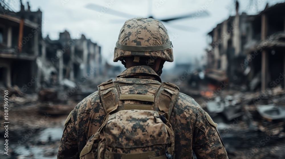 A soldier with a camo rucksack surveys the devastating scene of urban ruins as a helicopter's rotors spin into the chaotic background, embodying resilience. A soldier with a camo rucksack surveys the devastating scene of urban ruins as a helicopter's rotors spin into the chaotic background, embodying resilience.